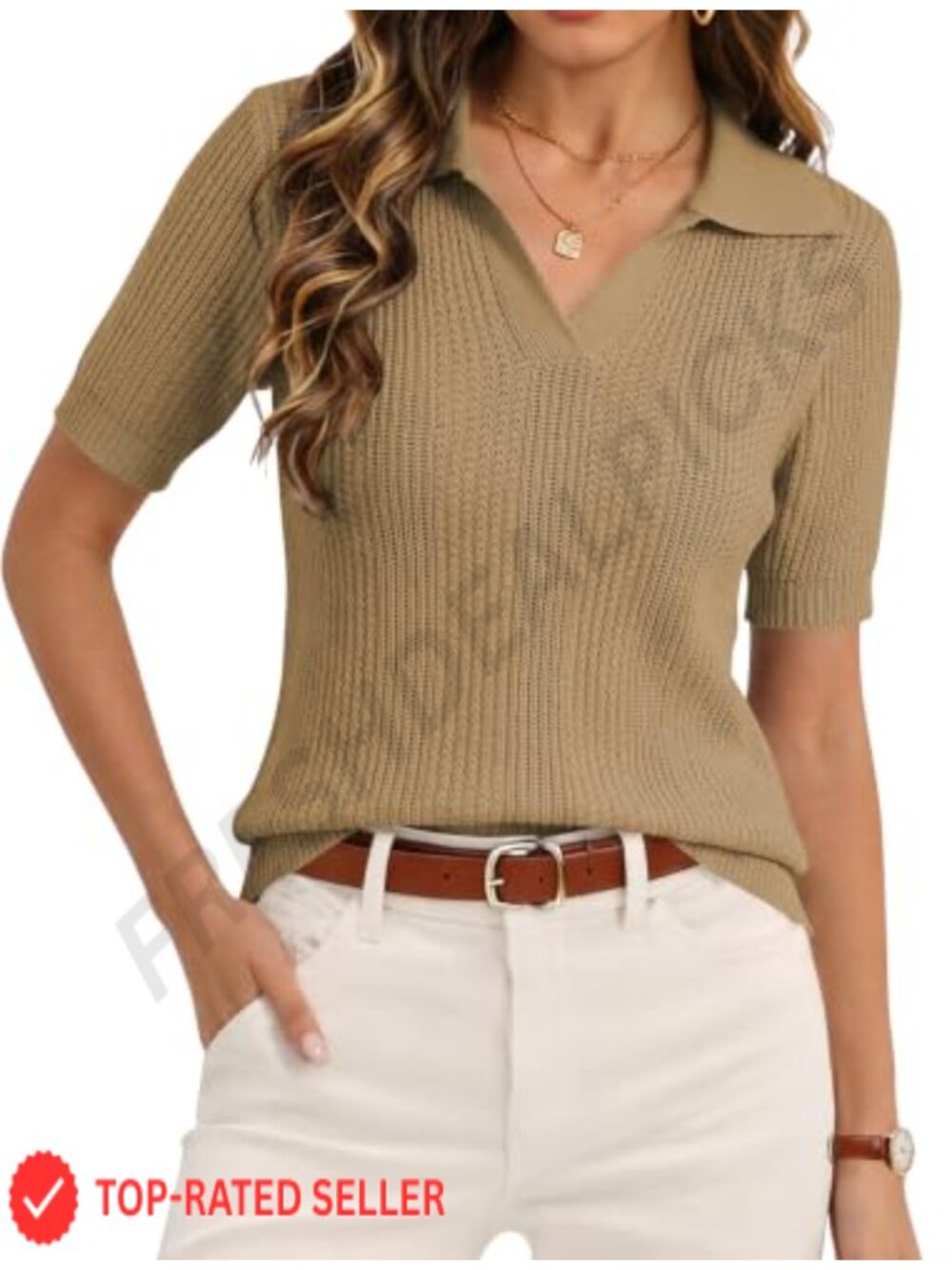 Womens Pointelle Knit Short Sleeve V Neck Polo Sweater Top